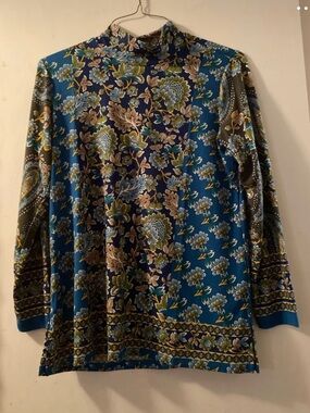 Susan Graver Teal Floral Print Long Sleeve Mock Neck Top